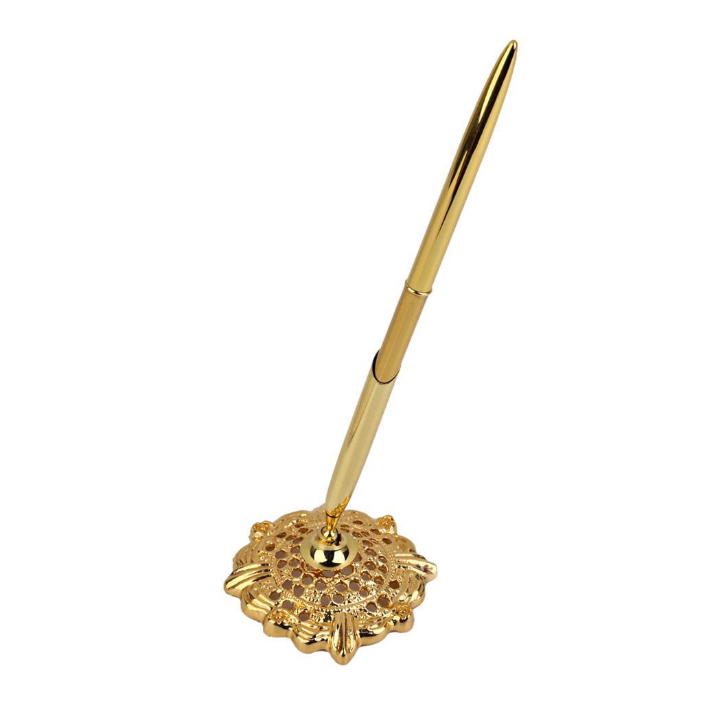 Fashion Alloy Hollow Round Pen Holder Signing Pen Set for Wedding Bride Gold