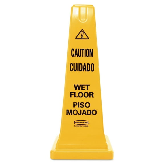 Rubbermaid Commercial Four-Sided Caution Wet Floor Safety Cone 10 1/2w x 10 1/2d x 25 5/8h Yellow