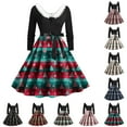 thumbnail image 4 of felwors Women's Plaid Tree and Candy Print Swing Dress with Faux Fur Collar and Belted Waist Watermelon Red, L, 4 of 6