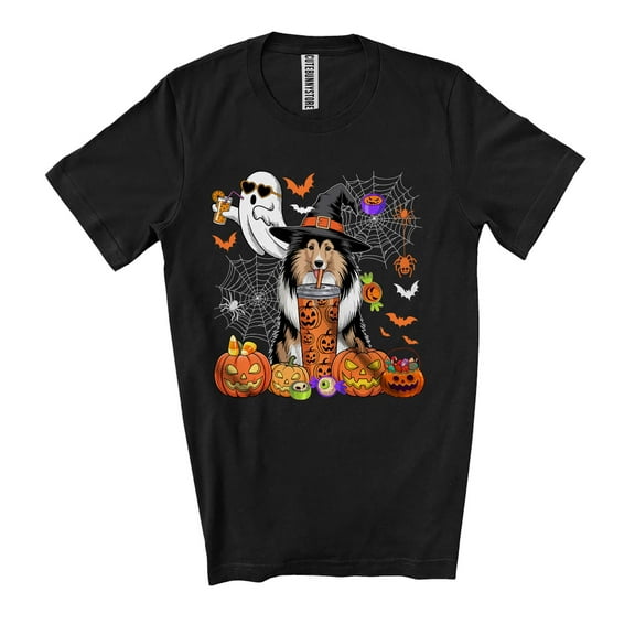 Witch Shelties Drinking Coffee; Horror Halloween Costume Boo Ghost Pumpkin; Family Group Unisex T-Shirt