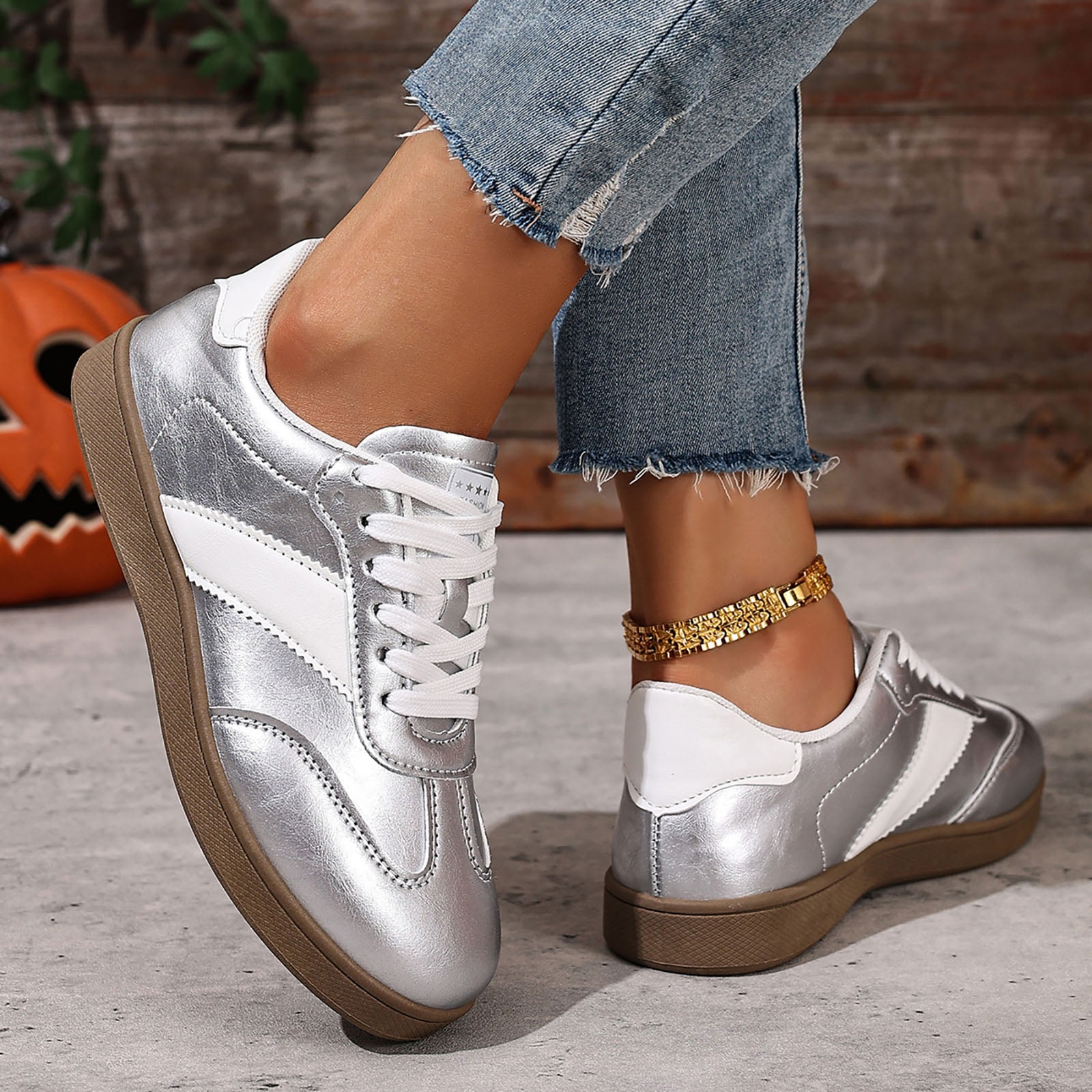 Womens Skate Shoes Comfy Arch Support Tennis Walking Shoes Fashion Color Block Lace up Nonslip Trainers Sneakers Silver Size 7.5