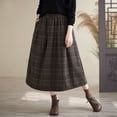 thumbnail image 5 of IWRICH Women's Vintage Plaid Pleated Wool Skirt Elastic Waist A-Line Midi Long Swing Skirt with Pockets Coffee L, 5 of 7