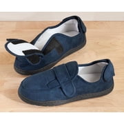 Plush Memory Foam Slippers, Adjustable for Custom Fit, 100% Polyester, Sturdy Rubber Soles, Unisex - Navy Blue, Medium