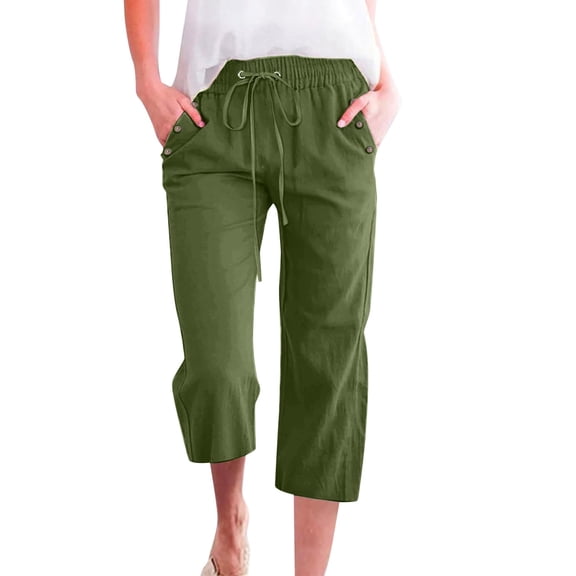 Dpytoraw Women's Solid Color Linen Blend 7/8 Pants Loose Fit Casual Trousers With Pockets Pull-On Casual Pants Women Army Green L