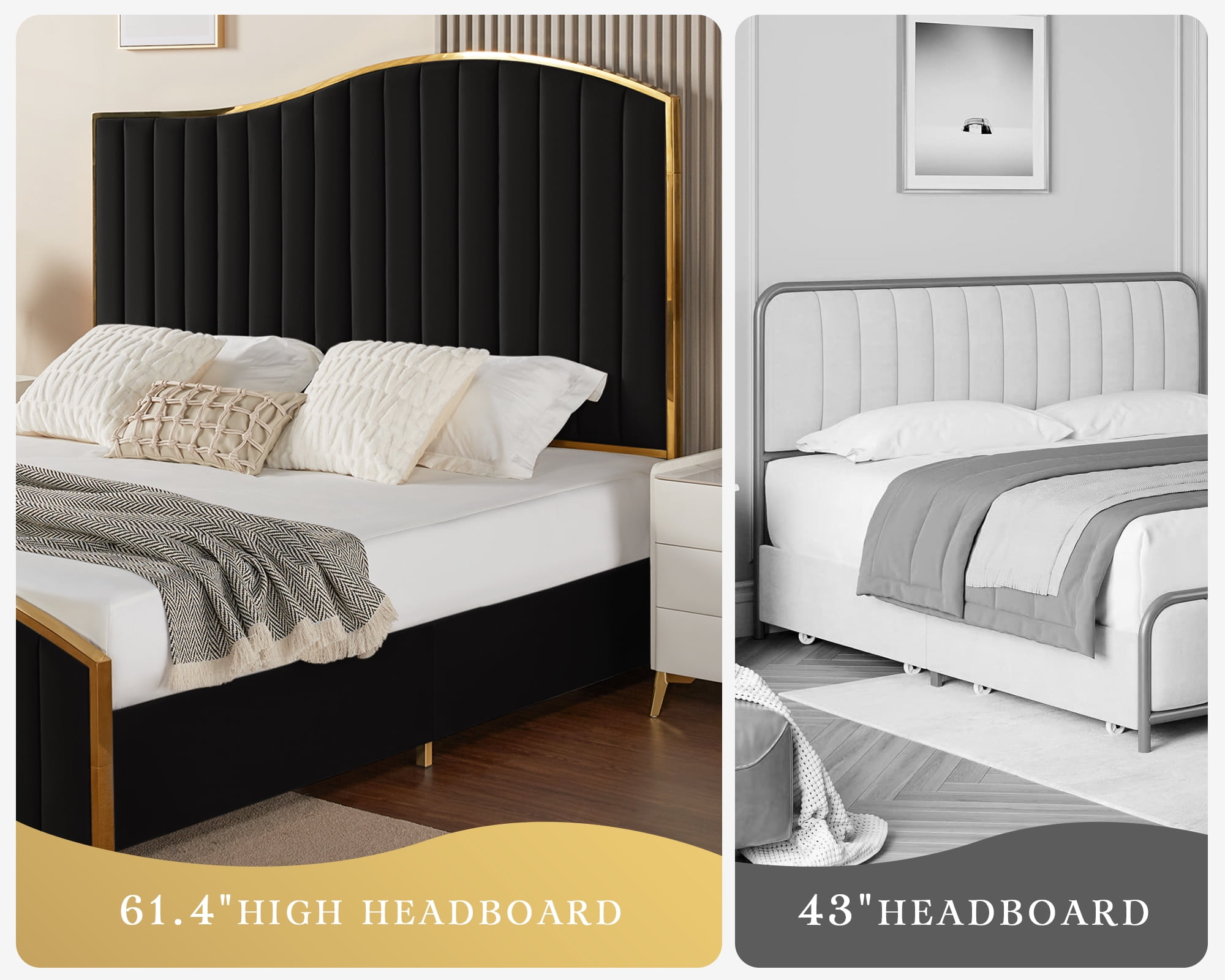 VanAcc Queen Size Platform Bed Frame 61.4" Vertical Channel Gold Trim Headboard Footboard Black
