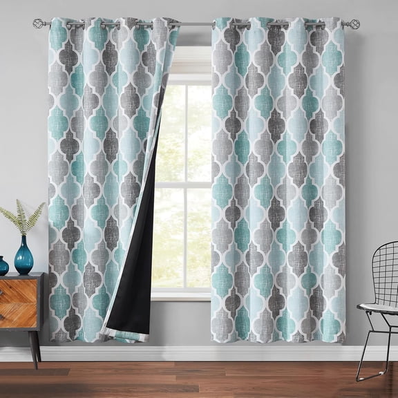 100% Blackout Curtains 72 Inches Long 2 Panels for Bedroom Living Room Aqua Grey Moroccan Geo Room Darkening Thermal Insulated Soundproof Grommet Top Window Treatments Drapes, 50x72 Set of 2