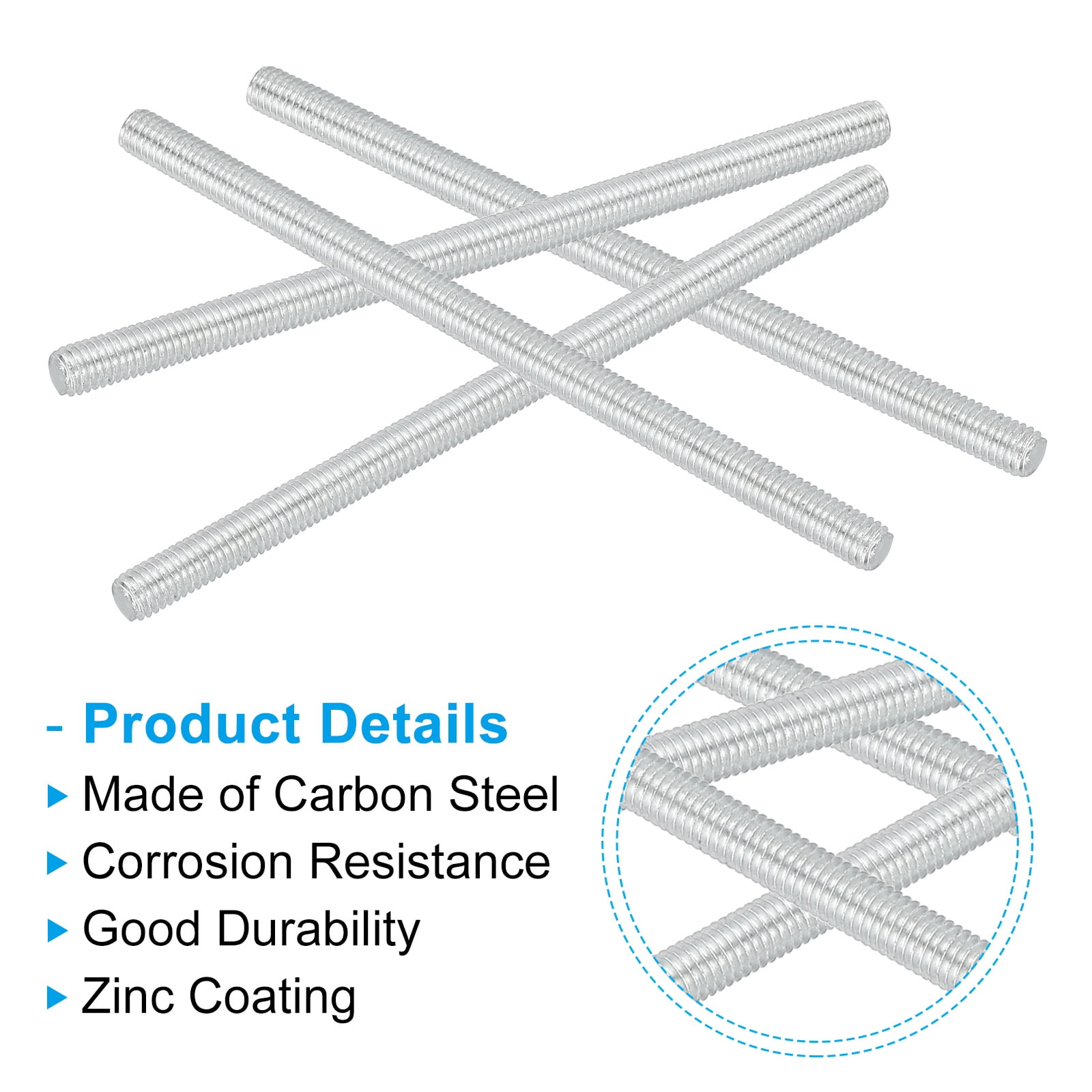 Uxcell M5 Carbon Steel Fully Threaded Rods, 25 Set 135mm/5.3" L Threaded Studs, White Zinc Tone