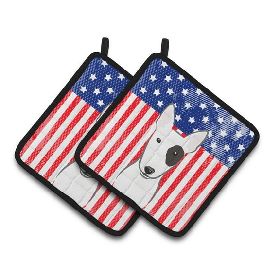 American Flag and Bull Terrier Pair of Pot Holders
