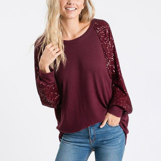 Mikilon Femme T-Shirt à Col Rond à Manches Longues Automne Blouse à Paillettes Hauts Chandail