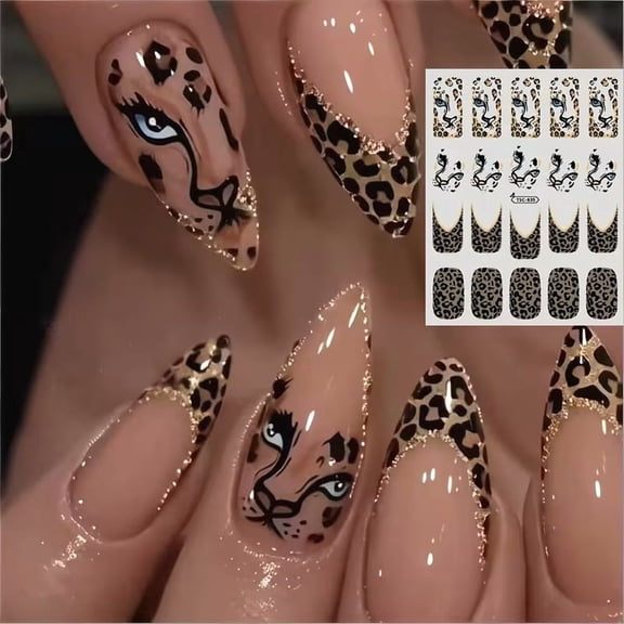 Trendy Leopard Print 3D Nail Art Decals with Golden Glitter - Stylish Nail Stickers for Women and All Ages