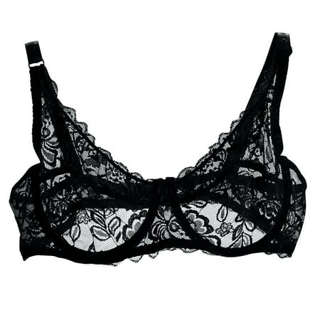 LEEYNEER Womens Sexy Lace Bra Non-Padded Underwire See Through Unlined Bra Mesh Sheer Plunge Low Cut Bralettes
