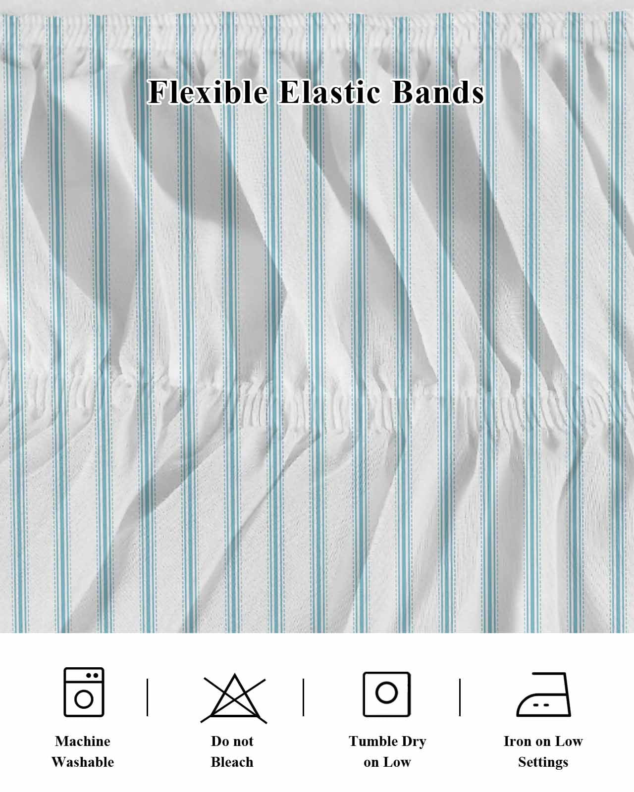 Blue Striped Bed Skirt King Size, Blue White Stripes Farmhouse Wrap Around Bed Skirting with Adjustable Elastic Strap, Dust Ruffled Pleated Bedskirts 18 Inch Drop for Bedroom King Beds