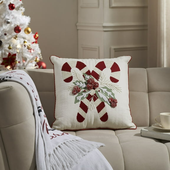 VHC Brands Candy Cane & Holly Pillow 18x18