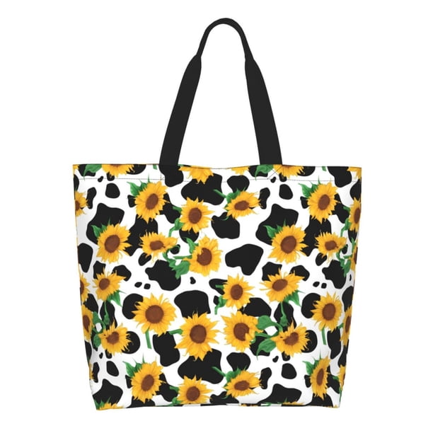 Balery Cute Cow Print Sunflower C Bolsa Tote Estilo Estético con Cremalleras, Bolsa de Hombro, Bolsa de Compras Grande y Plegable