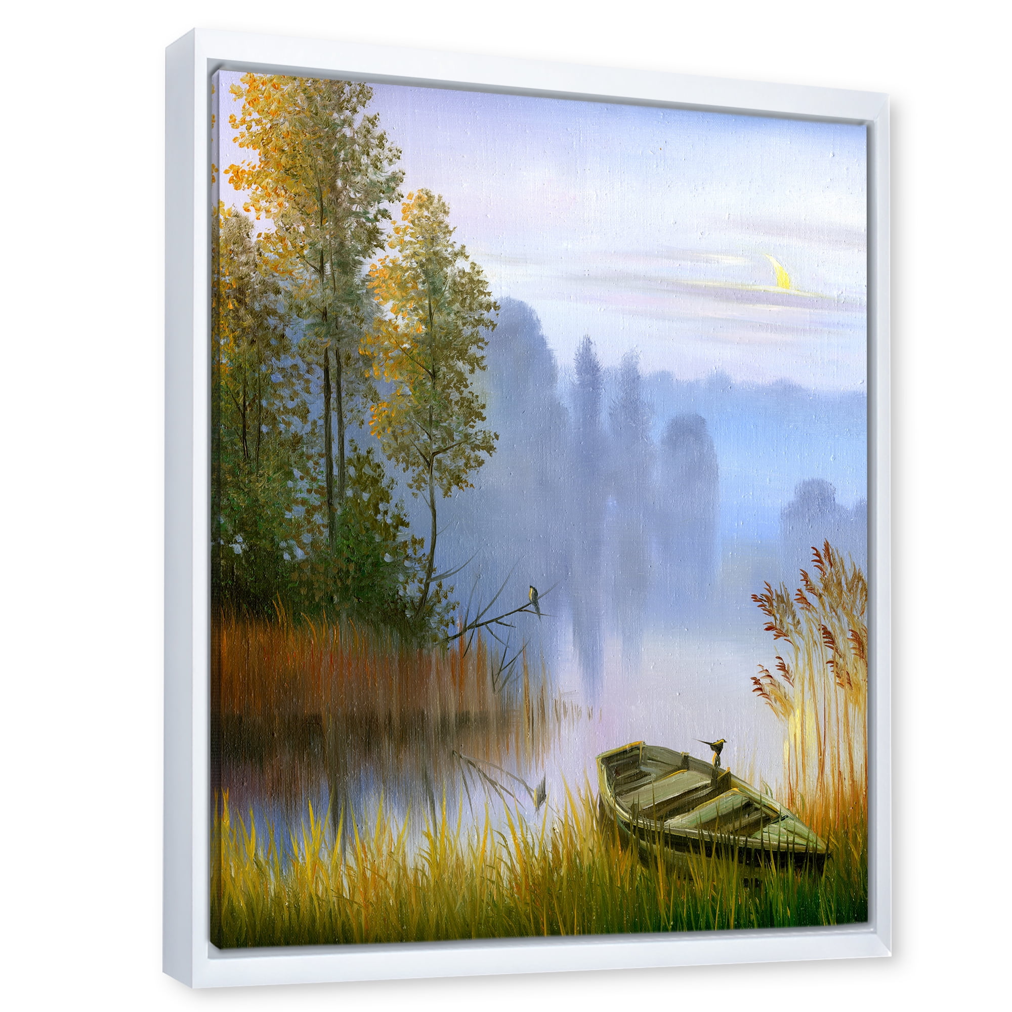 The Bank Of The Lake With The Boat 12 in x 20 in Framed Painting Canvas Art Print, by Designart