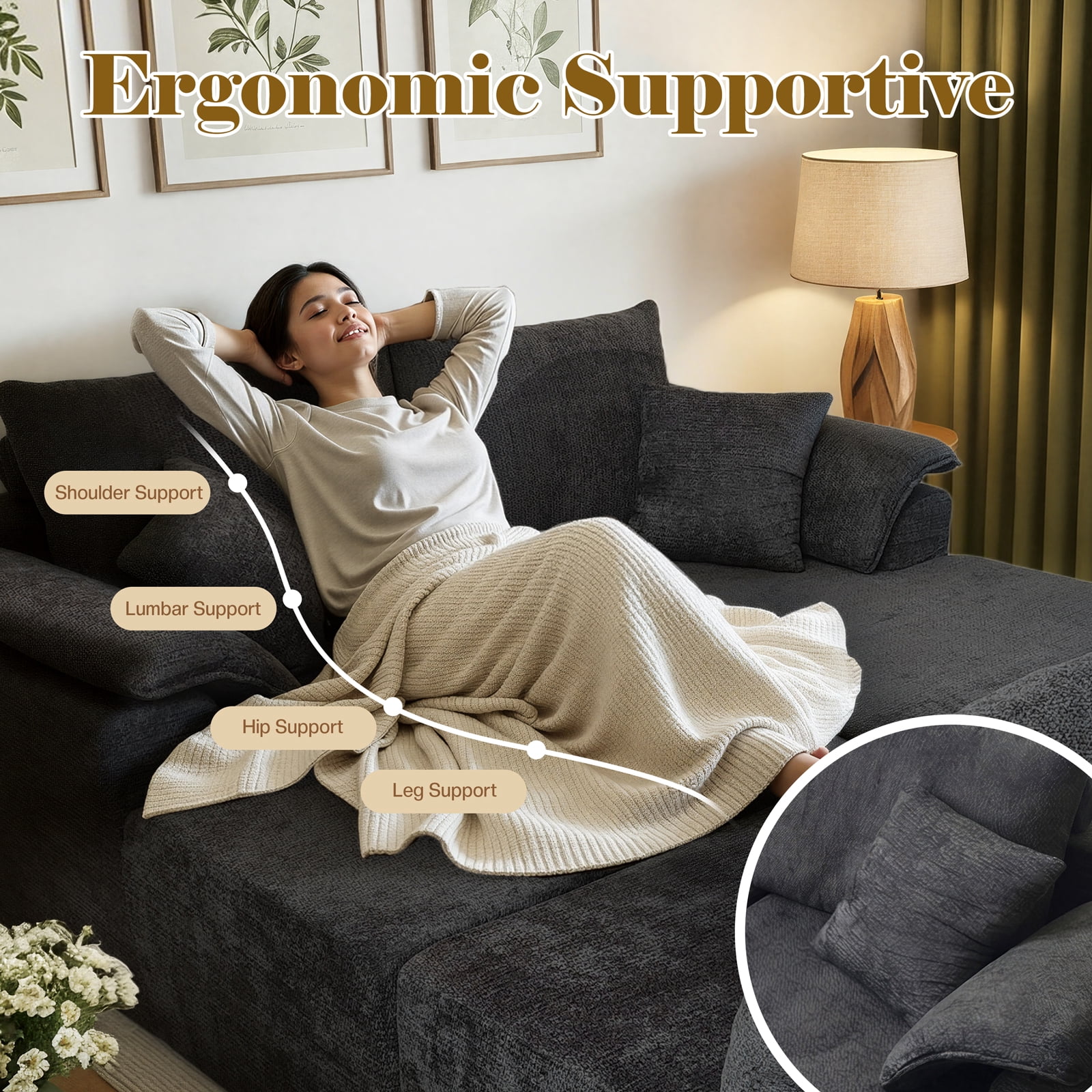 Kelyda 130'' Boneless Sectional Couch, Modern Chenille U Shaped Modular Cloud for Living Room Dark Grey