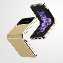 for Samsung Galaxy Z Flip 4 Case, Z Flip 4 Case with Hinge Protection, Litchi PU Leather   Metal Design, Ultra-Thin Shockproof Protective Cover Case for Samsung Galaxy Z Flip 4 (2022),Gold