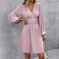 thumbnail image 2 of WTOBBY Women's Fashionable Solid Color V-Neck Long Sleeve Pleated Versatile Dress Lantern Sleeve Detail for Unique Style Flowy Pleats for Movement Wardrobe Essential,Pink S, 2 of 8