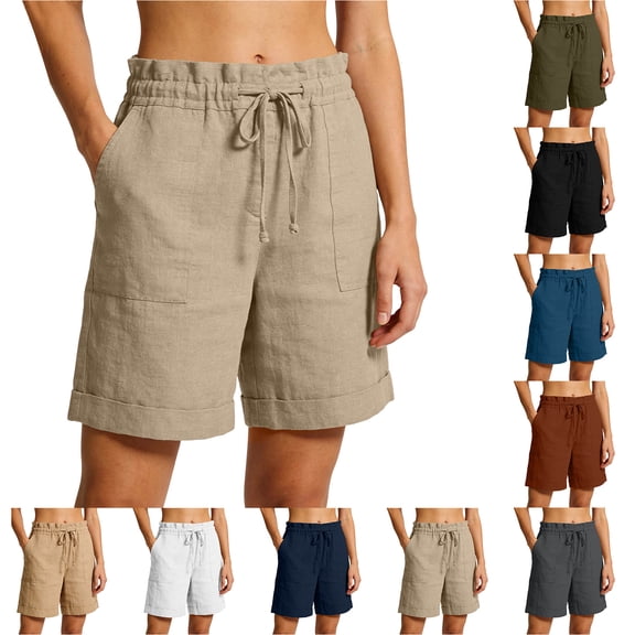 Bloomae Women's Linen Shorts Lightweight Casual Bermuda Long Shorts Drawstring Elastic High Waisted Comfy Summer Beach Vacation Short Pants with Pockets Beige M