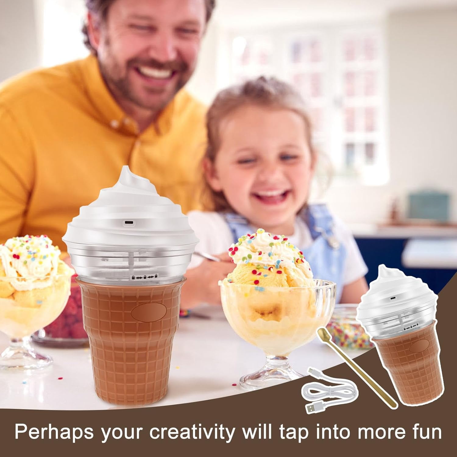 Mini Ice Cream Maker, 450ML Automatic Electric Ice Cream Maker with USB Charge Port, Multi-Purpose Homemade Soft Serve Ice Cream Machine for Gelato Sorbet Frozen Yogurt, Kitchen Gadgets, Brown