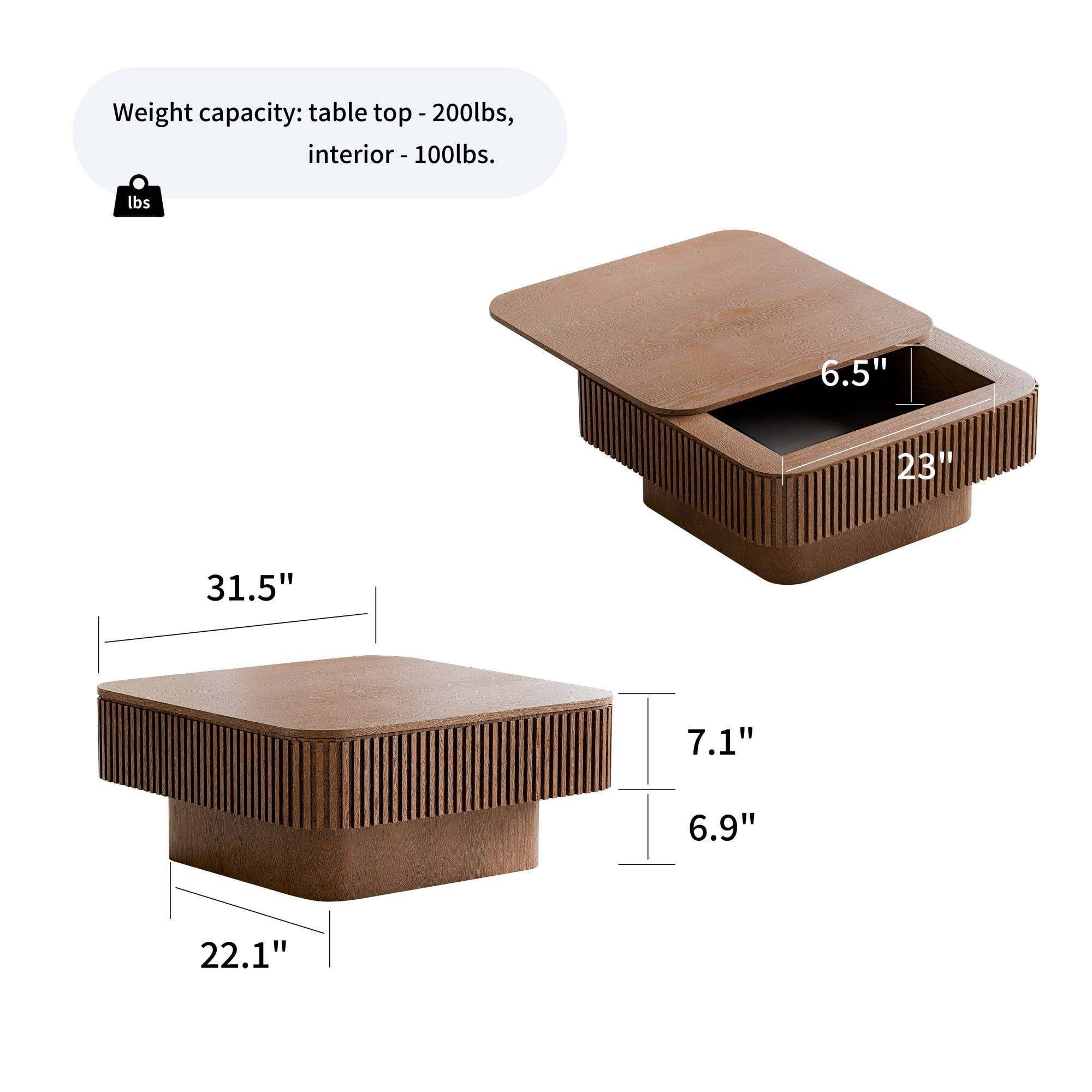 31.5" Square Coffee Table with Storage, Modern Fluted Coffee Table with Hidden Compartment, Wood Veneer Center Table for Living Room, Walnut