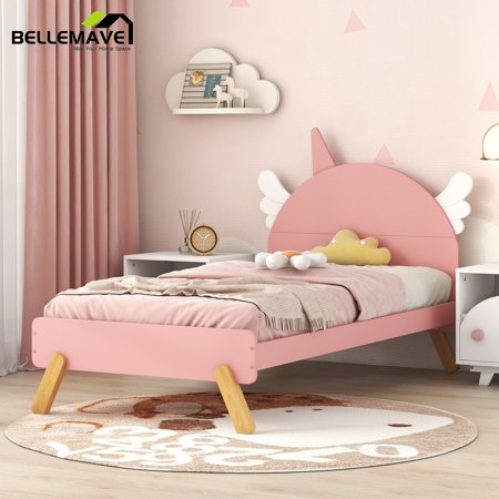 Bellemave Pink Twin Size Wooden Platform Bed With Cute Unicorn-shaped Headboard for Kids Child Teen, Twin Size Cute Kids Platform Bed with Unicorn-shaped Headboard for Bedroom