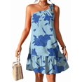 thumbnail image 2 of Women'S One Shoulder Leaf Print Self-Tie Short Dress Sleeveless Tiered Hem Formal Dress Blue L, 2 of 9