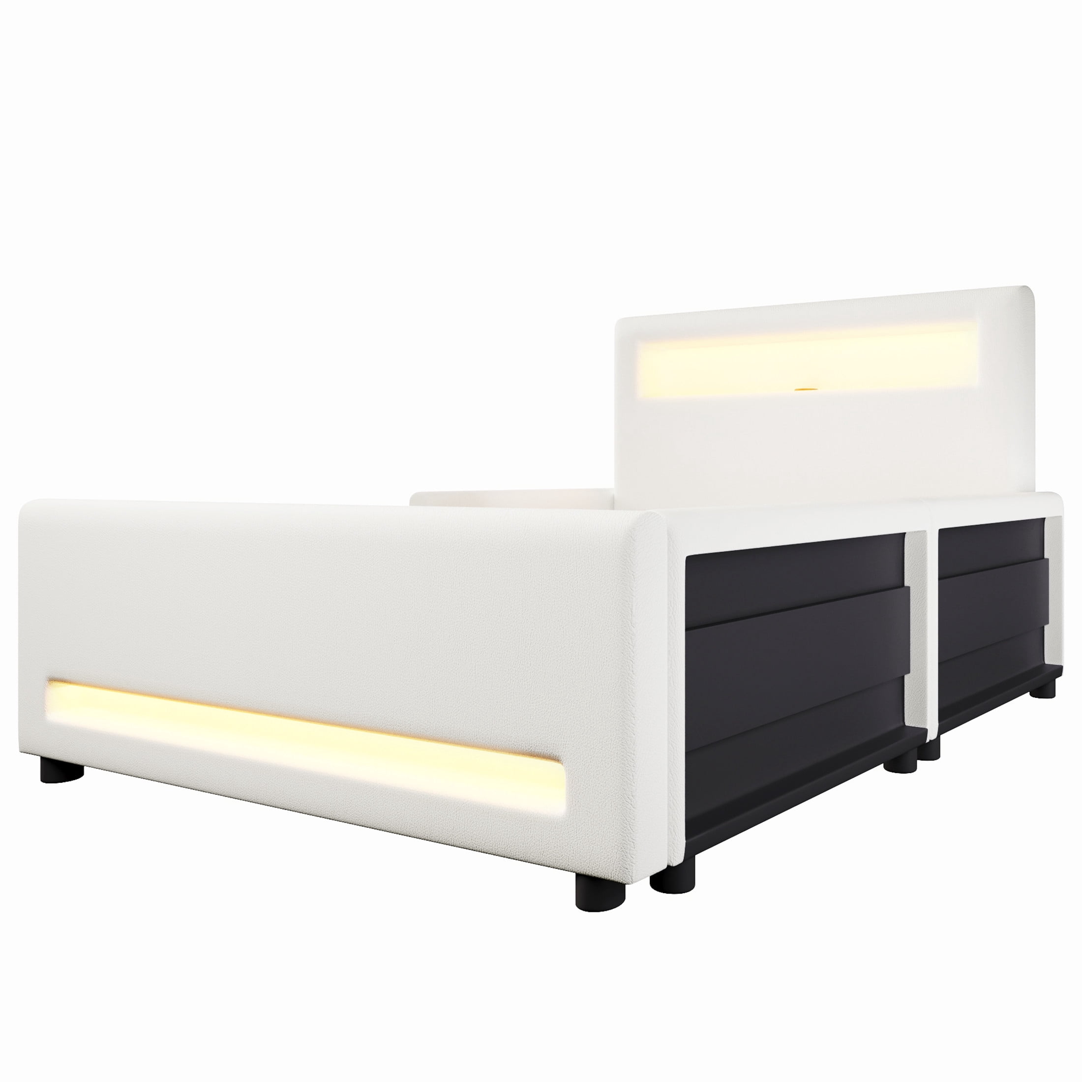 Noble House Twin Size Upholstered Platform Bed with Storage Drawer, LED Light Strip and USB Charging Port, White