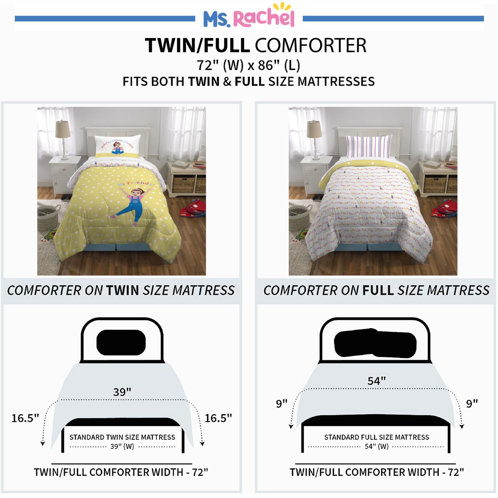 Ms. Rachel Kids Comforter and Pillowcase, 2-Piece Set, Twin/Full, Reversible