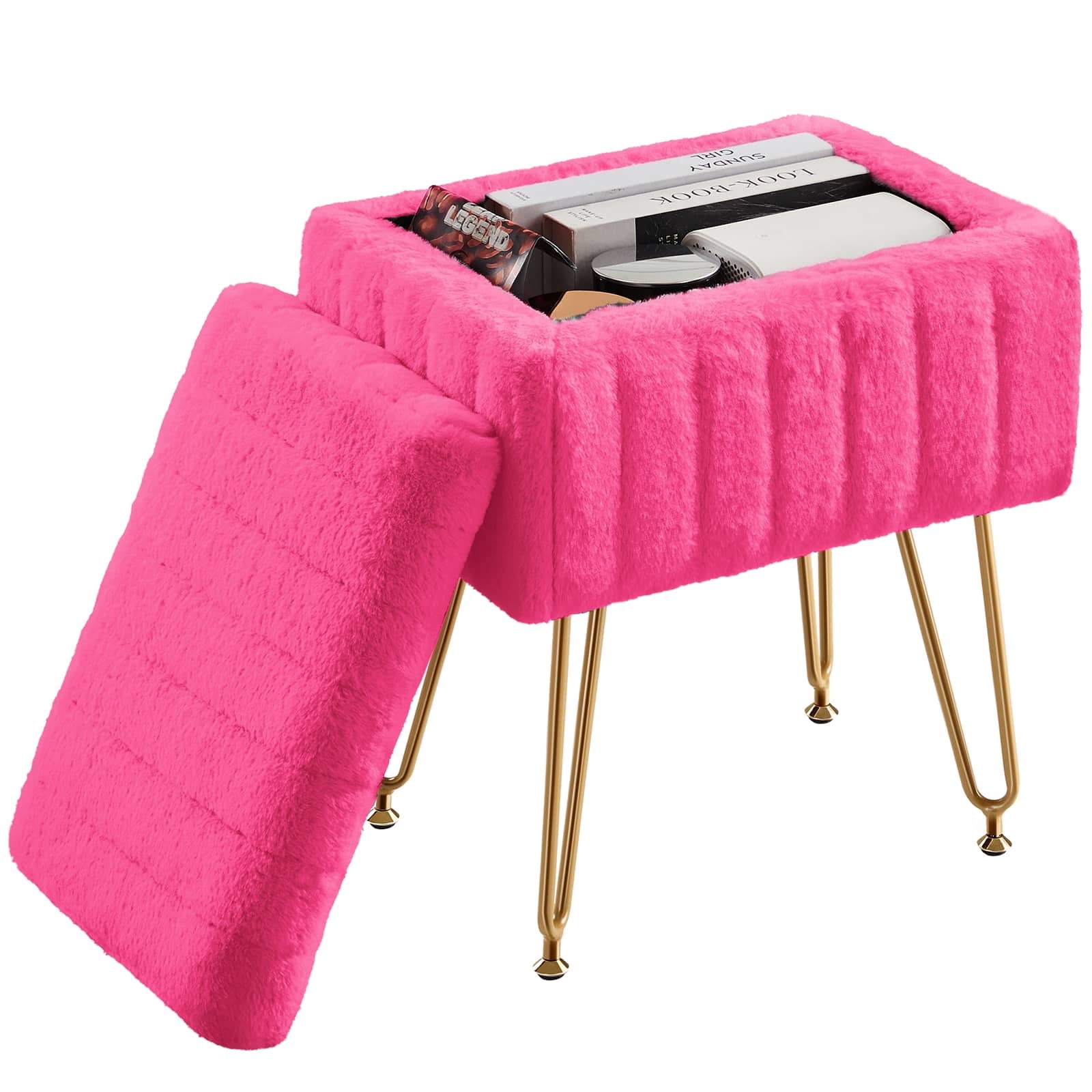 Kelno 18.9" Faux Fur Vanity Stool with Hidden Storage Soft Padded Ottoman Footrest with Metal Legs Antislip Adjustable Feet, Rose Red