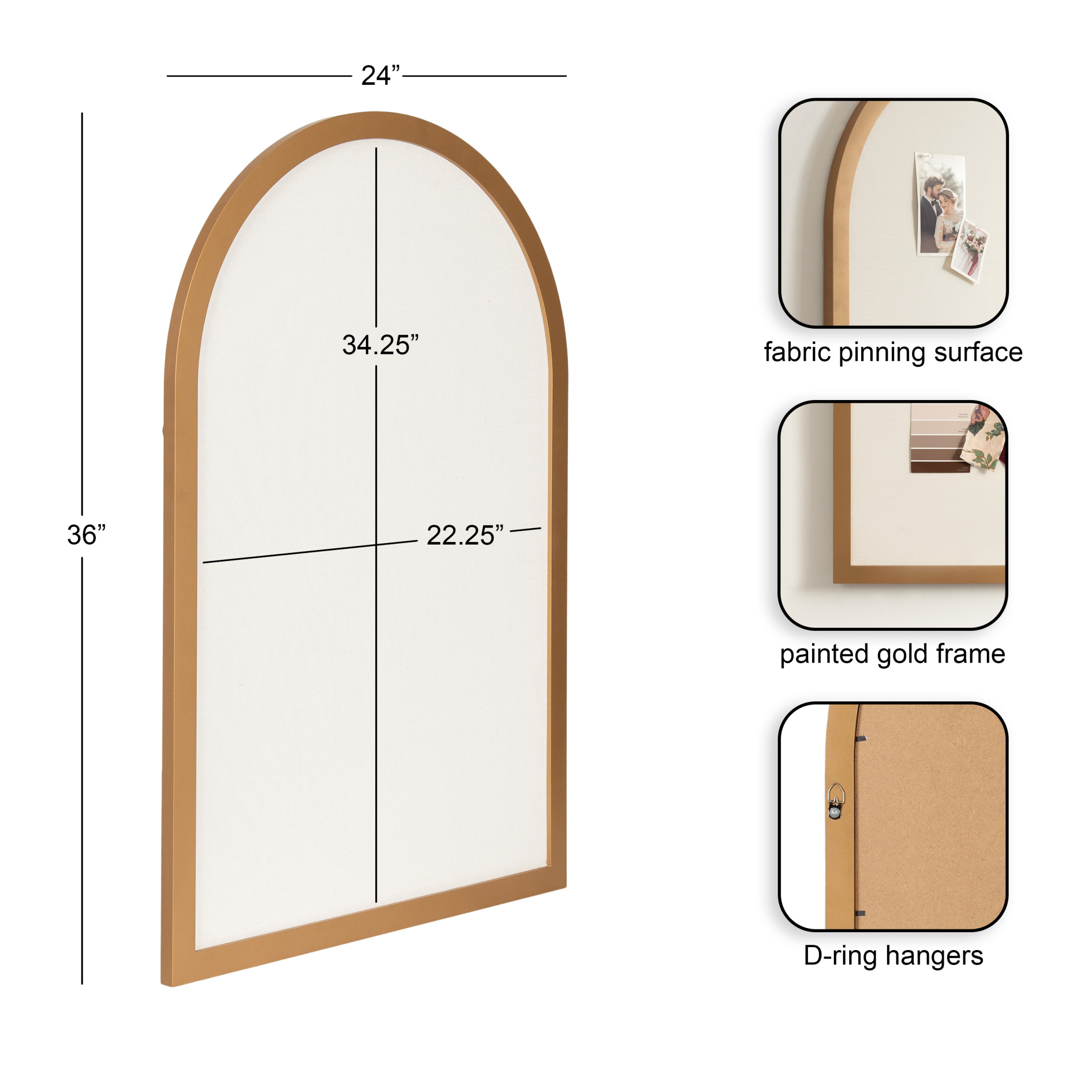 Kate and Laurel Holbrook Glam Framed Arch Fabric Pinboard, 24 x 36, Gold, Decorative Modern Arched Bulletin Board for Use as Vision Board or Wall Organization