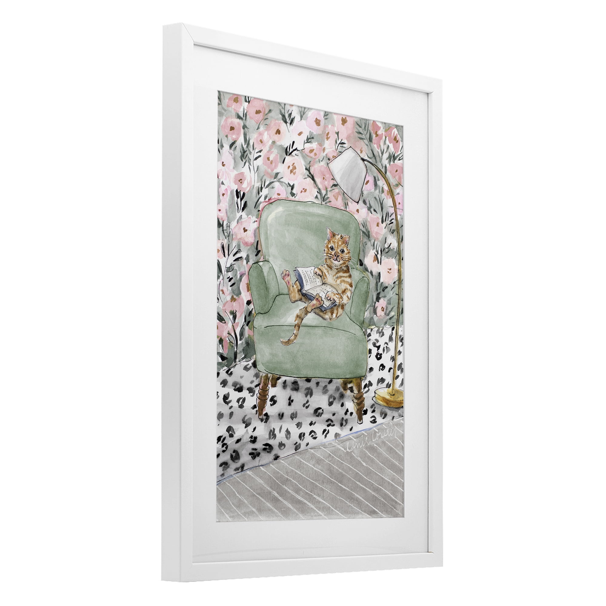 Stupell Industries Cozy Cat Reading White Framed Print Under Glass, design by Lanie Loreth