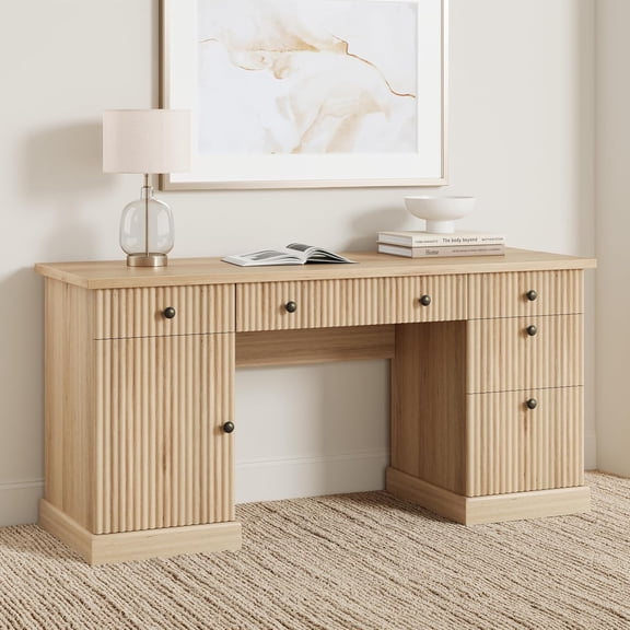 Fluted Home Office Desk Storage, 60 in Modern Executive Desk with Charging Station, Wooden Computer Writing Desk with File Cabinet & Drawers for Study, Living Room, Bedroom-Burlywood
