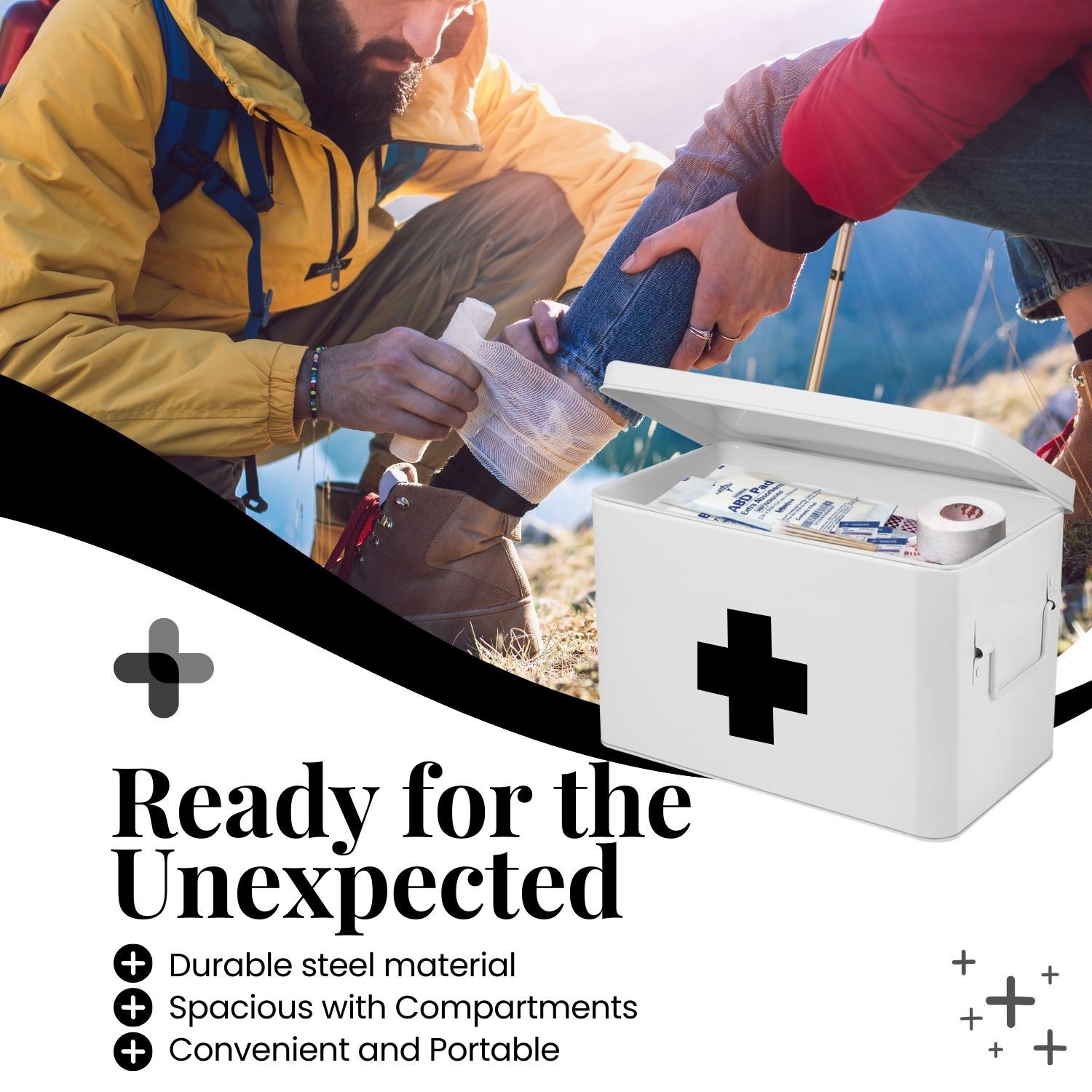 First Aid Box Organizer - Empty 13" White Vintage First Aid Kit Tin Metal Medical Box - First Aid Storage Box Container Bins with Dividers, Removable Tray and Black Cross Logo