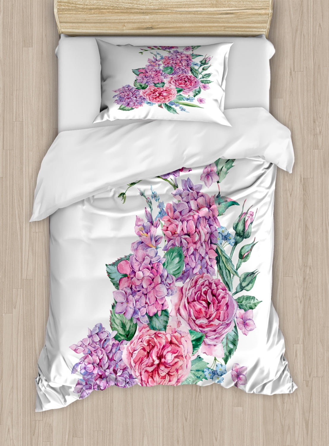 Hydrangea Duvet Cover Set, Colorful Watercolor Beauty with Blooming ...