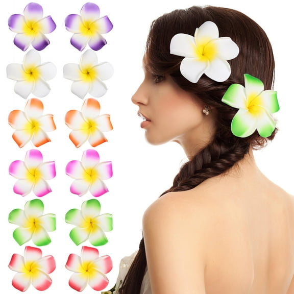 HEMOTON 12 Assorted Color Hawaiian Plumeria Flower Hair Clips for Luau Parties and Personal Decoration  12 Pieces
