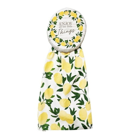 Kitchen Button Hanging Towel Yellow Lemon Print Tie-Top Cuisinart