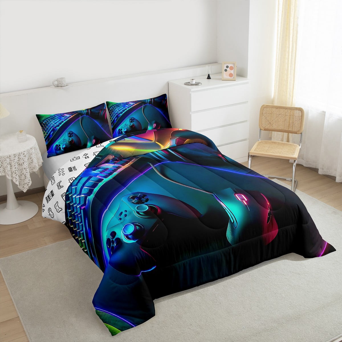 Erosebridal Gaming Bedding Set,Headset Mouse Keyboard Gamepad Pattern Down Comforter King Size ,Gamer Player Themed Comforter Set,Soft Home Bedroom Decorative