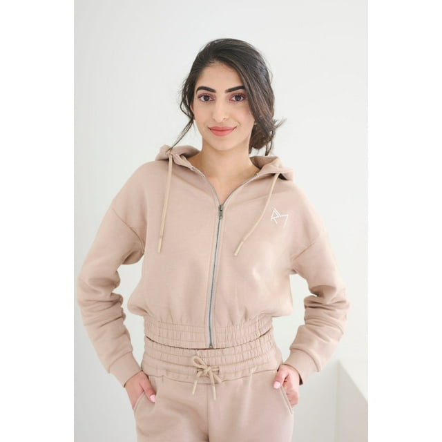 Revive Loungewear Cropped Full Zip Up Hoodie for Women - Long Sleeve Drawstring Jacket Top Sweatshirt – Taupe, Small