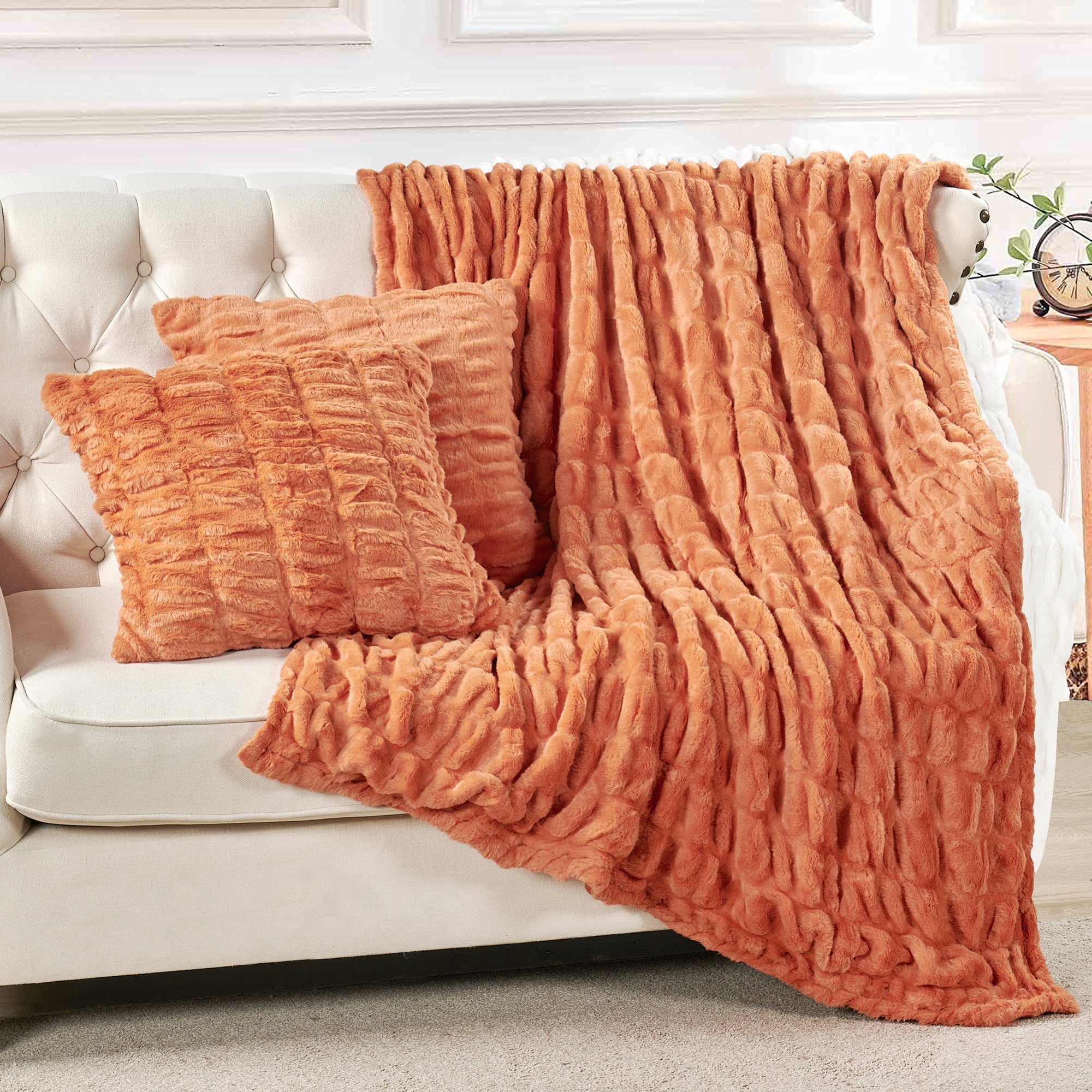 Home Soft Things Faux Fur Shar Pei Throw & Pillow Cover Combo - Burnt Orange - 50" x 60"/20" x 20"