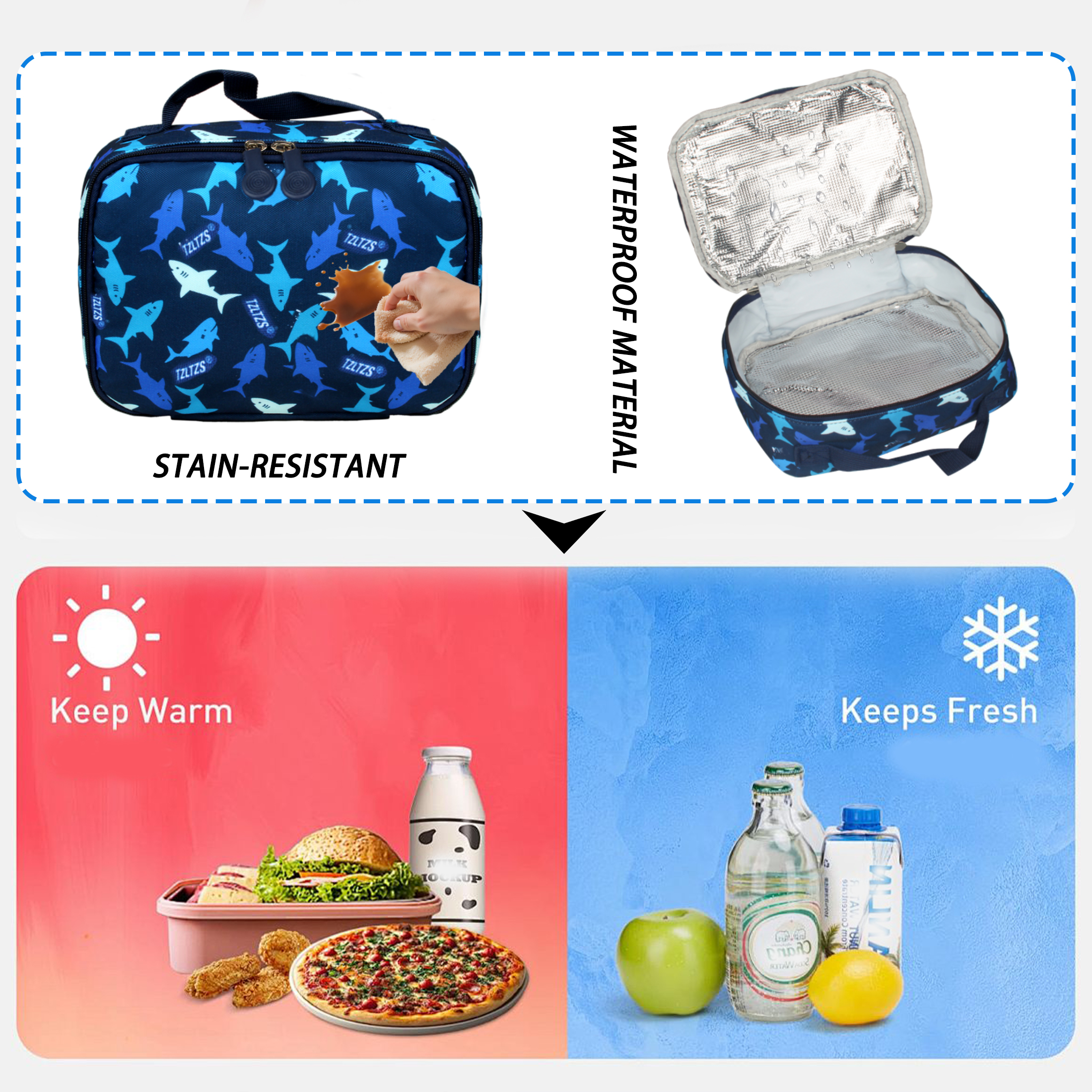 Set de mochila escolar para niños, estampado de tiburón, impermeable, 3 piezas con lonchera y estuche para lápices para estudiantes de primaria 7