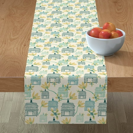 

Cotton Sateen Table Runner 90 - Vintage Cream Japanese Feminine Traditional Botanical Nature Floral Birds Print Custom Table Linens by Spoonflower