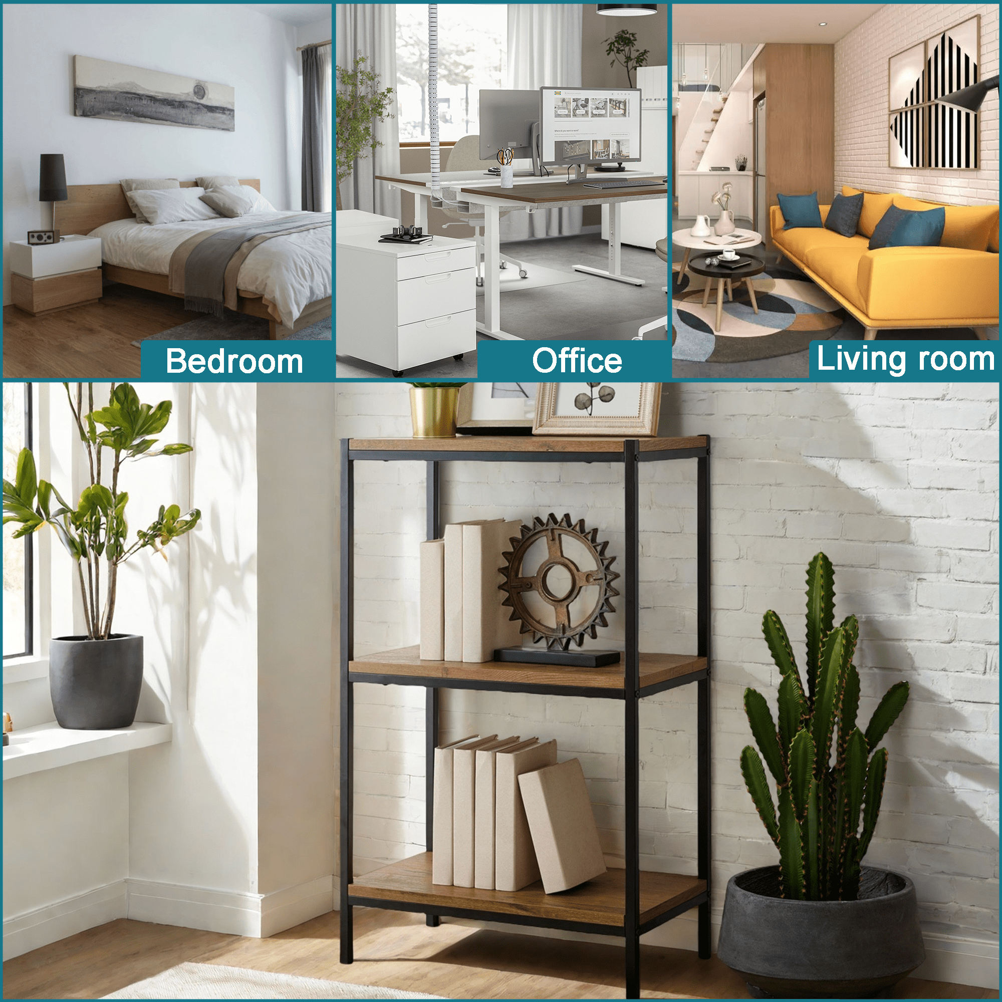 Caffoz 3-Tier Transitional Wood Bookshelf with Open Shelves in Oak Brown
