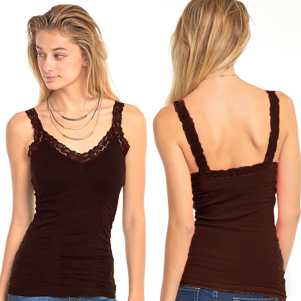 Seamless Stretch Lace Trim Spaghetti Rouched Camisole Tank Top
