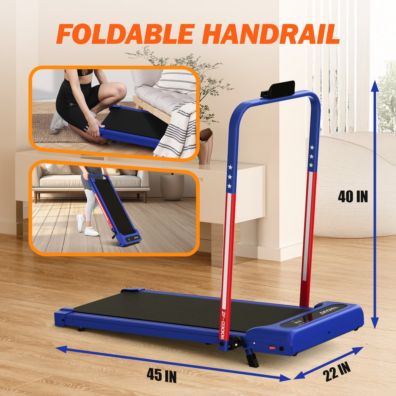 Yagud Walking Pad Treadmill with Handle Bar and Adjustable Incline, 3.8HP Portable Electric Treadmills with Wheels for Home, Home Treadmills with Incline, 0.5-3.8MPH, Blue