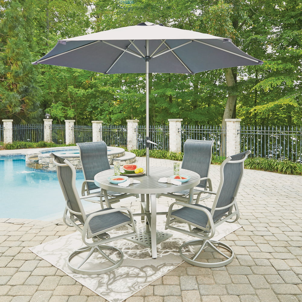 South Beach 7 Pc. Round Outdoor Dining Table & 4 Swivel Rocking Chairs, with Umbrella & Base