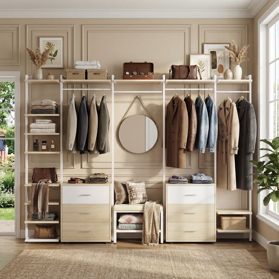 Aheaplus Durable Heavy Duty Garment Rack with 6 Drawers, Large Wall-Mounted Closet Organizer for Wardrobe, Bedroom, and Walk-in Closet, Natural White