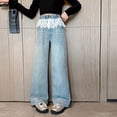 thumbnail image 2 of oqasdz Girls Denim Pants Straight Leg Trousers with Lace Trim Wide Leg Jeans Spring Fall Durable Fit Casual Dailywear, 2 of 6