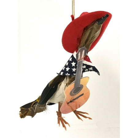 Guitar Christmas Tree Ornament - Roadrunner with Guitar and America Bandana Cowboy Hat Christmas Tree Ornament