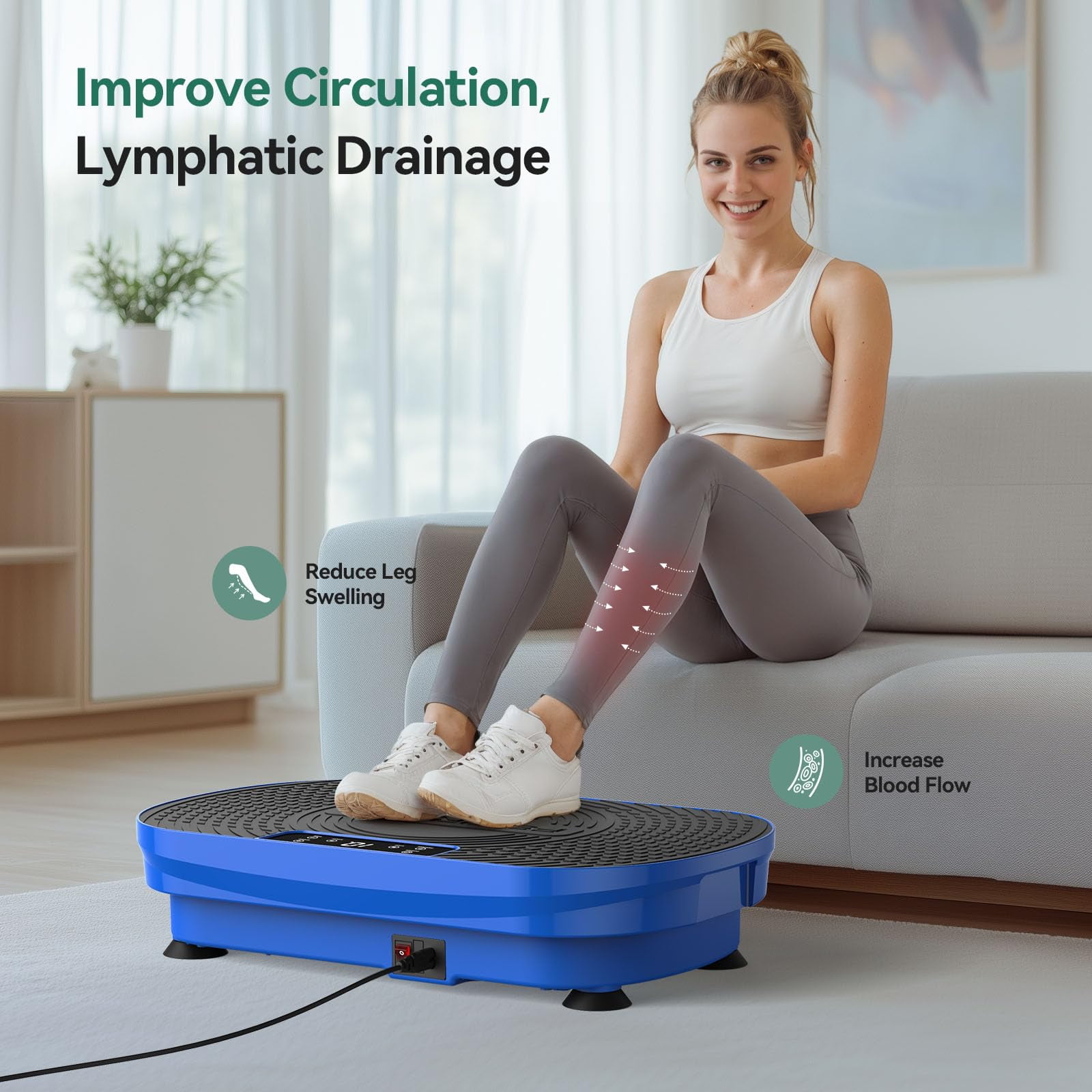 UPGO Vibration Plate Exercise Machine, Lymphatic Drainage Machine, Whole Body Workout Vibration Platform w/ 2 Resistance Bands for Weight Loss, Toning & Wellness-Blue